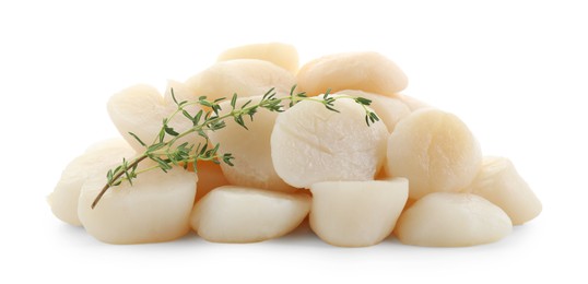 Photo of Pile of fresh raw scallops and thyme isolated on white