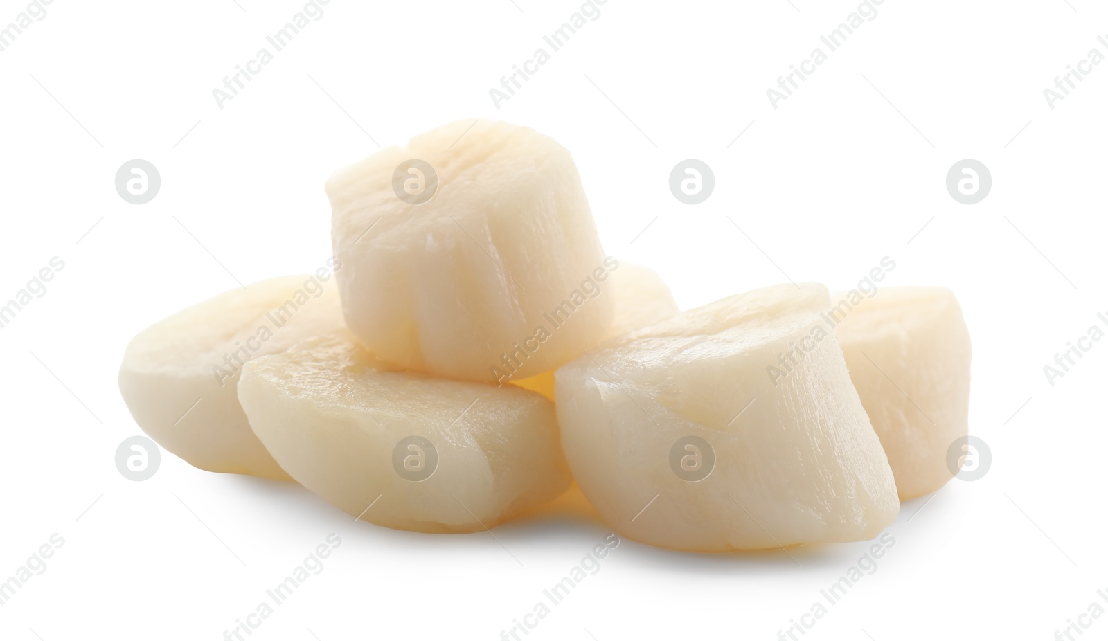 Photo of Pile of fresh raw scallops isolated on white