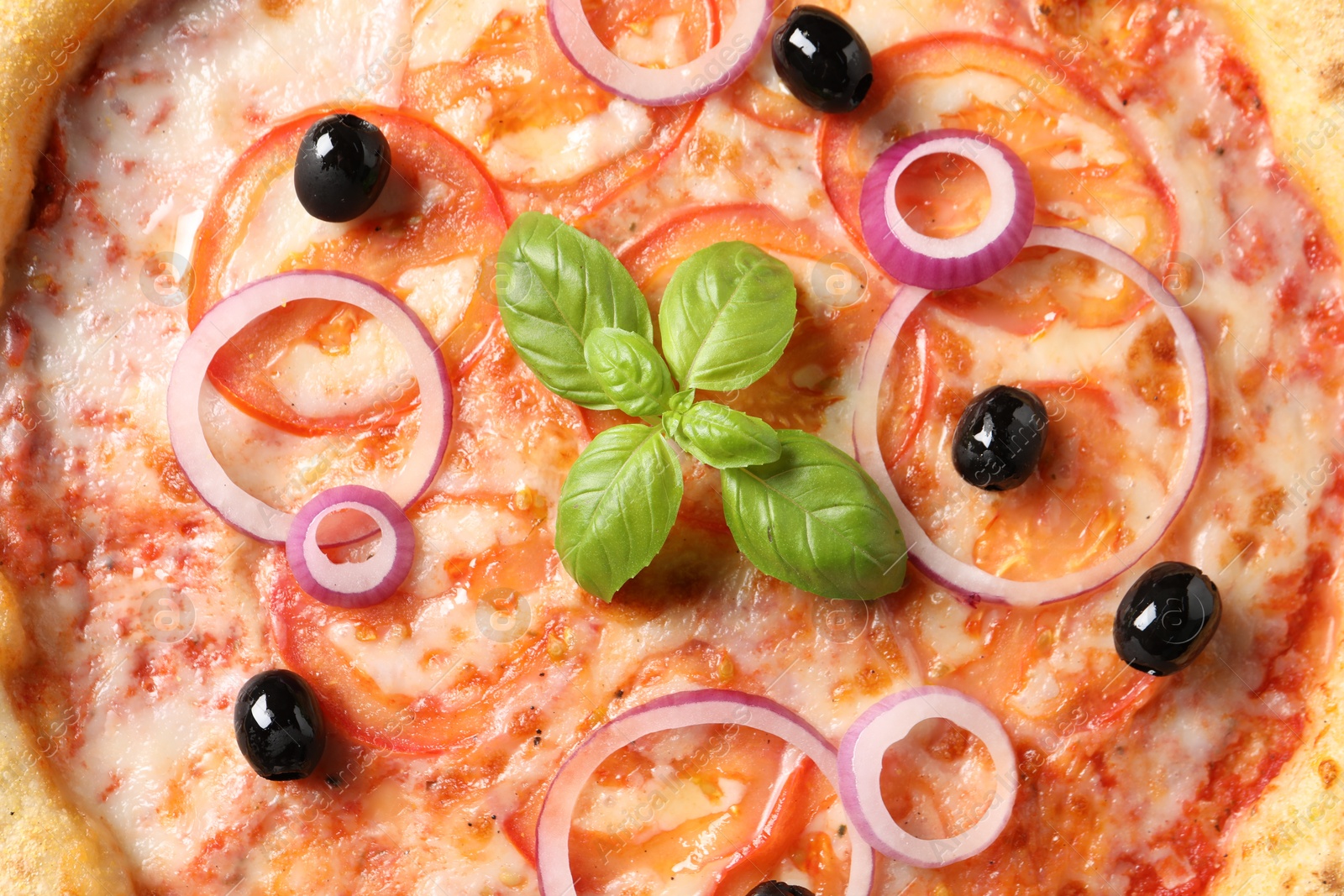 Photo of Delicious vegetarian pizza with fresh basil as background, closeup