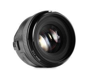 Camera lens isolated on white. Photographer's equipment