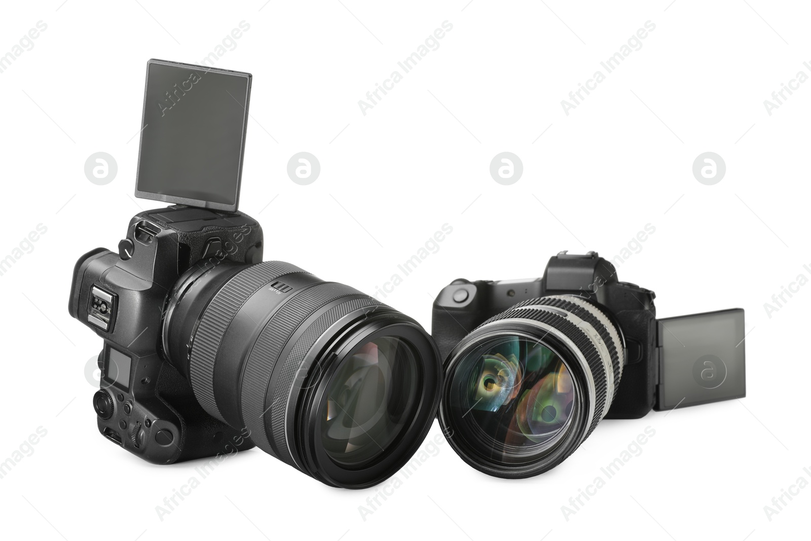 Photo of Modern cameras isolated on white. Photographer's equipment