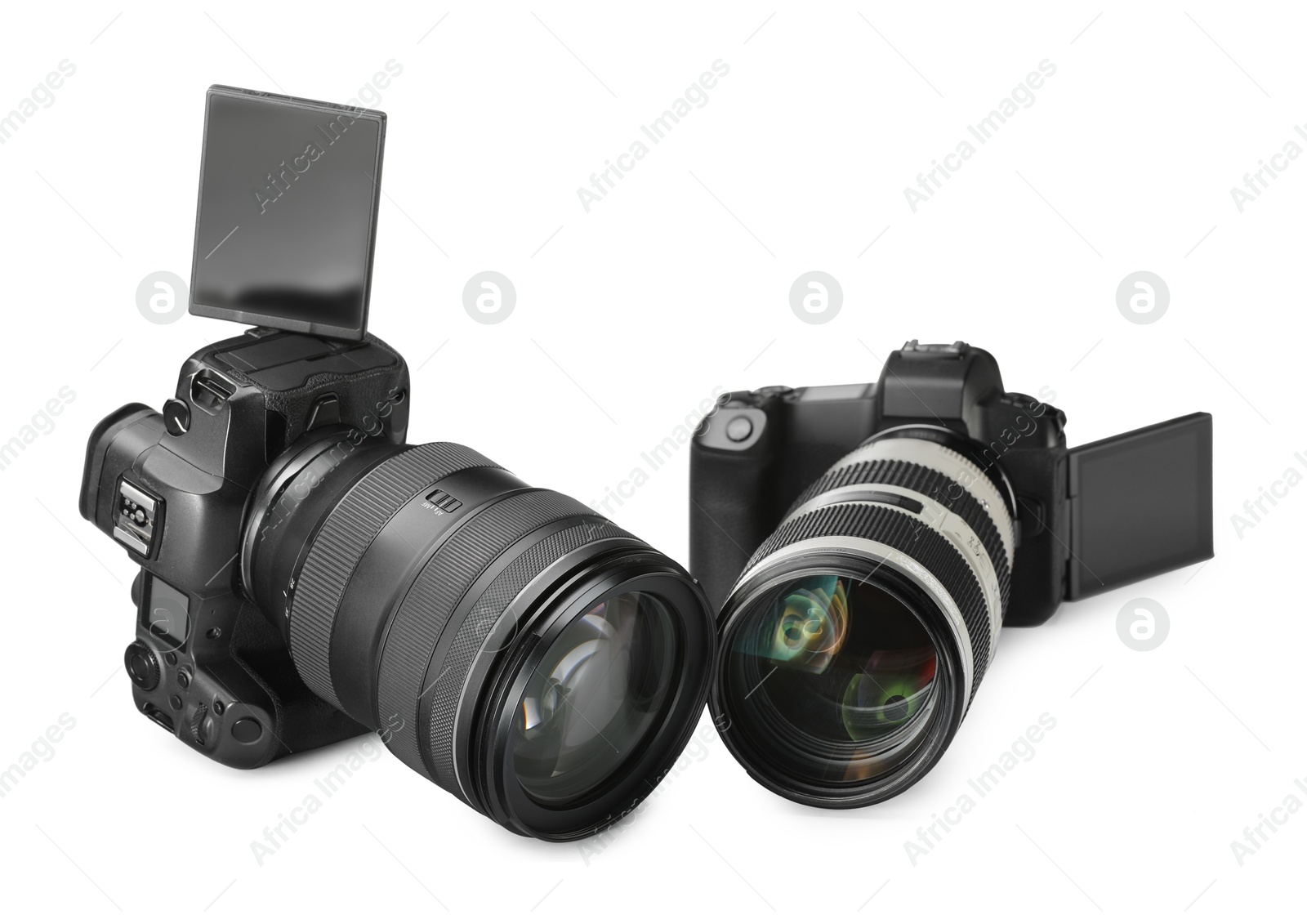 Photo of Modern cameras isolated on white. Photographer's equipment