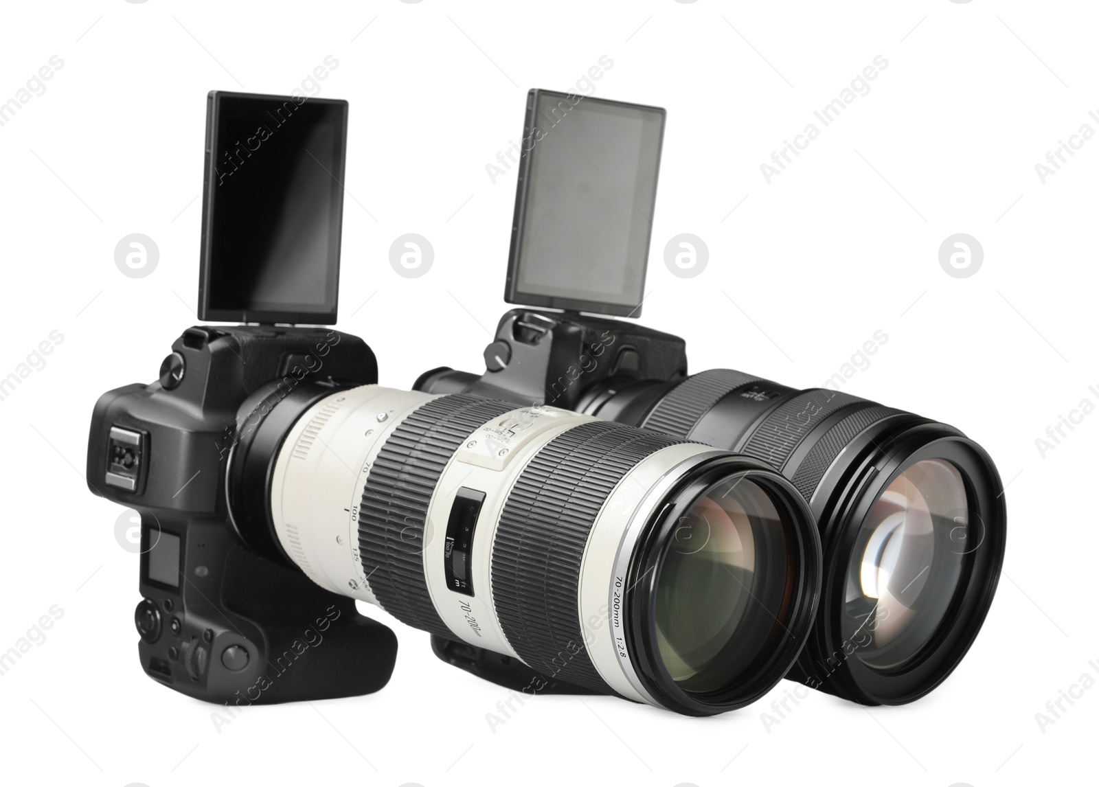 Photo of Modern cameras isolated on white. Photographer's equipment