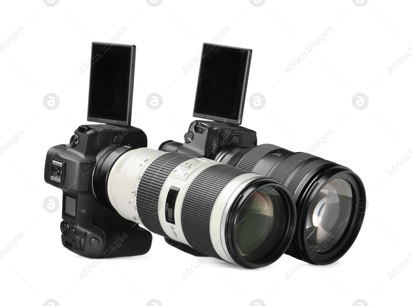 Photo of Modern cameras isolated on white. Photographer's equipment