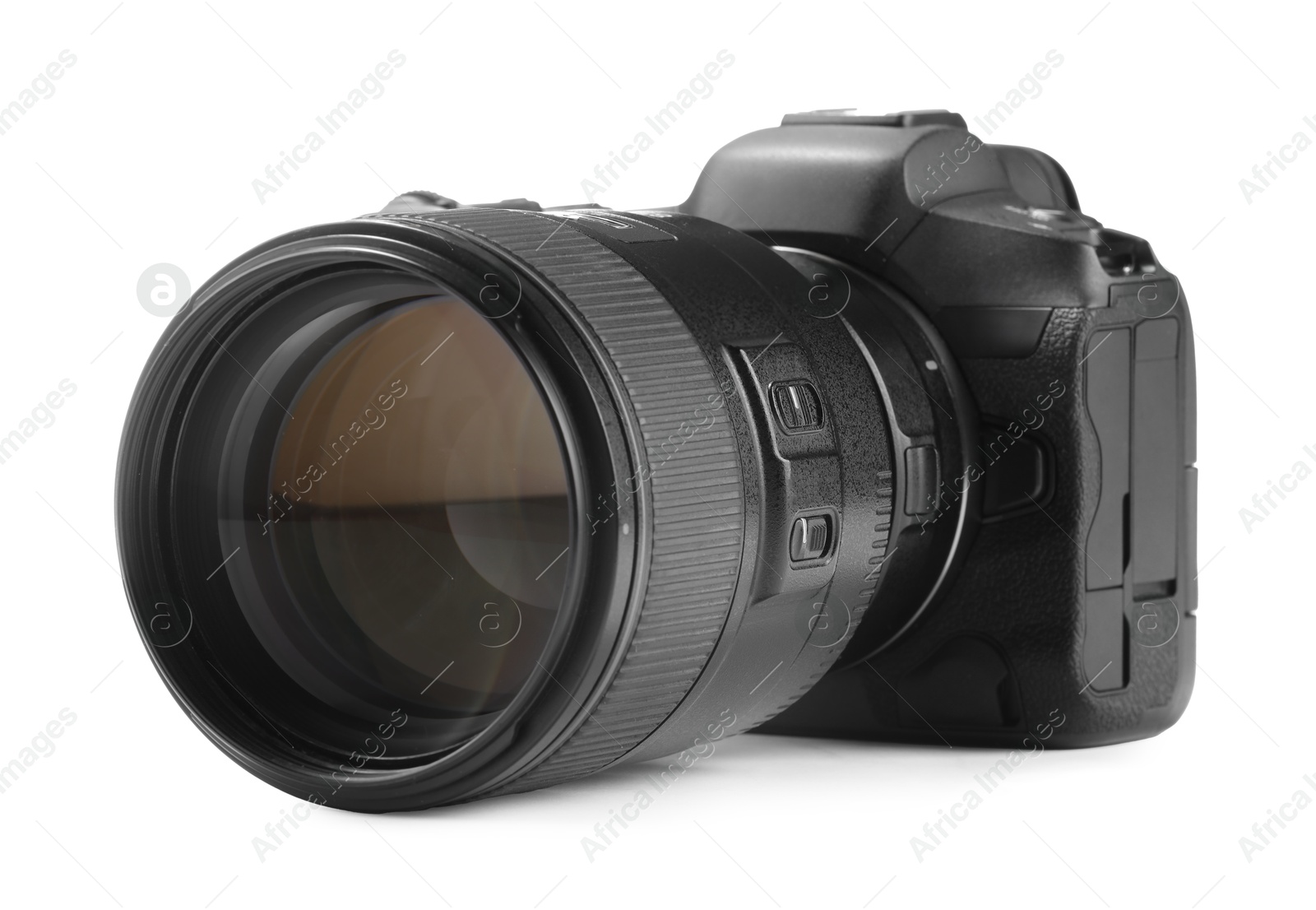 Photo of Modern camera isolated on white. Photographer's equipment