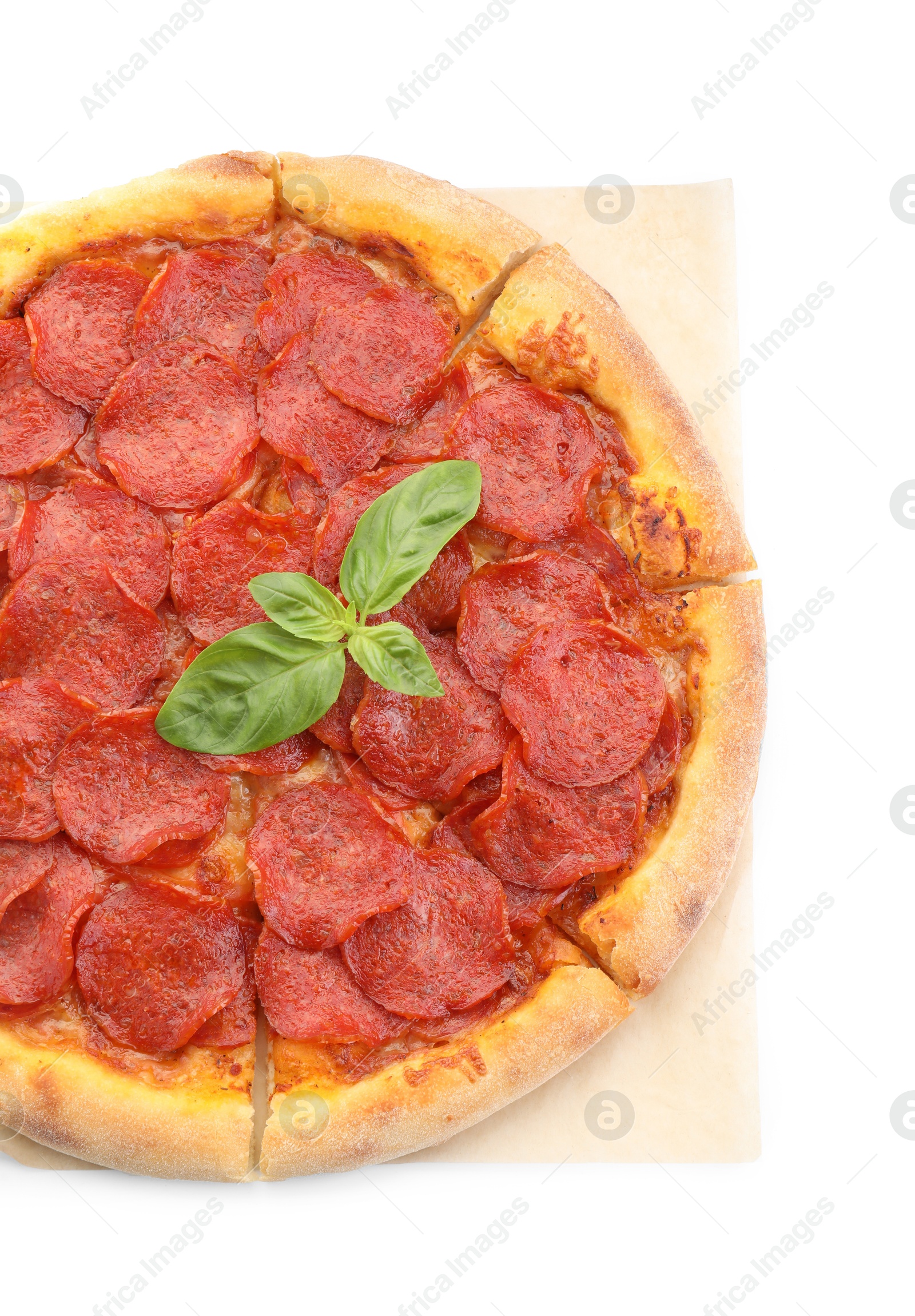 Photo of Tasty pepperoni pizza with basil isolated on white, top view