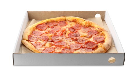 Tasty hot pepperoni pizza in cardboard box isolated on white