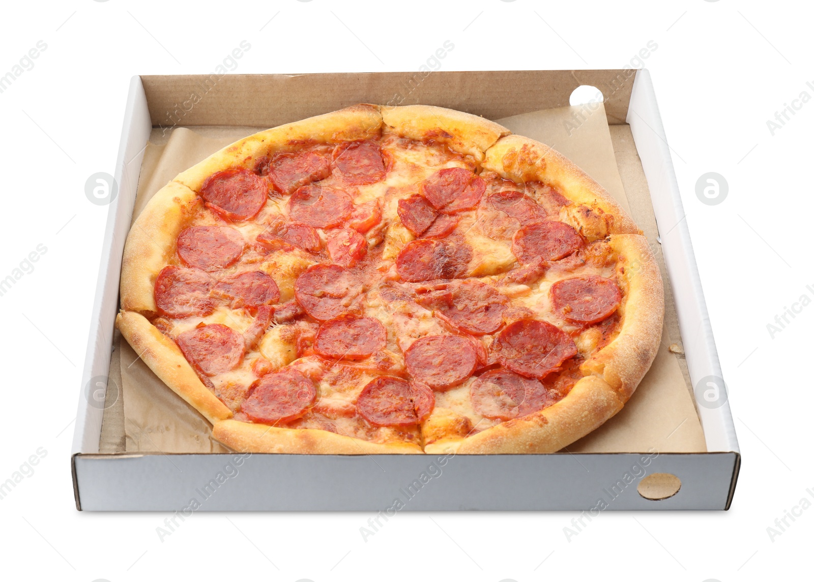 Photo of Tasty hot pepperoni pizza in cardboard box isolated on white