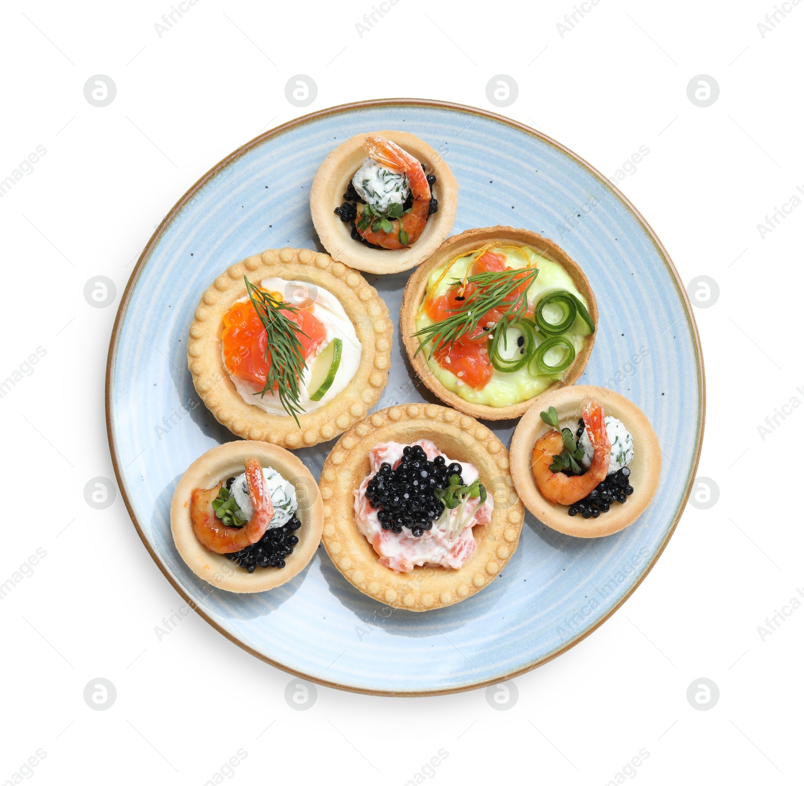 Photo of Delicious canapes with shrimps, salmon and caviar isolated on white, top view