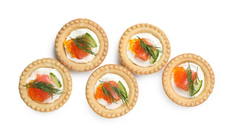 Delicious canapes with salmon and red caviar isolated on white, top view