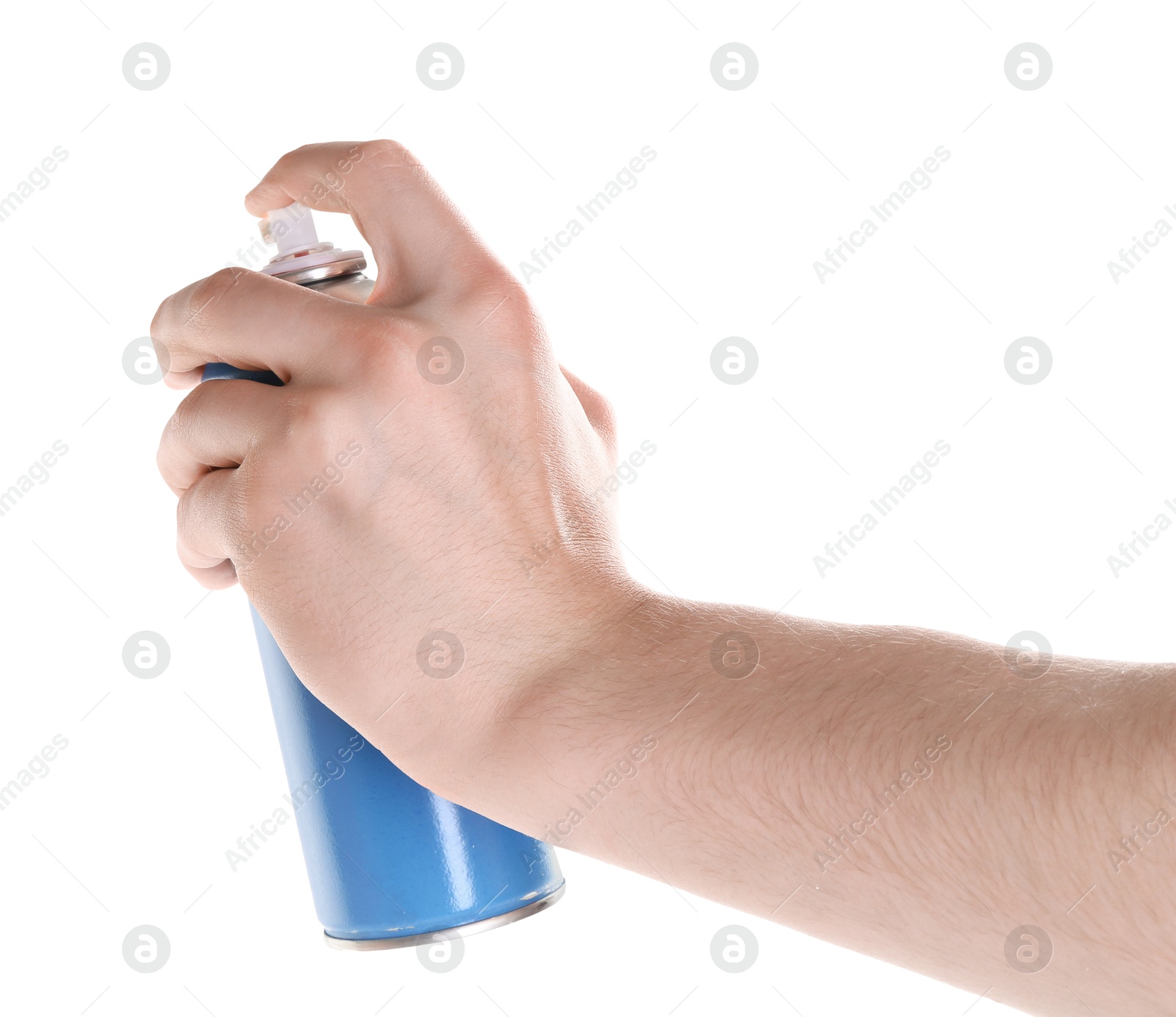 Photo of Man with can of spray paint on white background, closeup