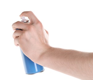 Photo of Man with can of spray paint on white background, closeup