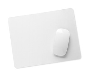 Photo of Wireless mouse and mousepad isolated on white, top view