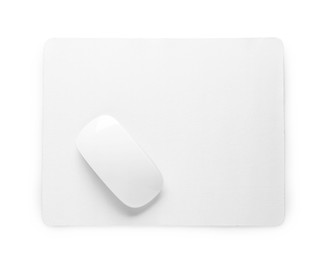 Photo of Wireless mouse and mousepad isolated on white, top view