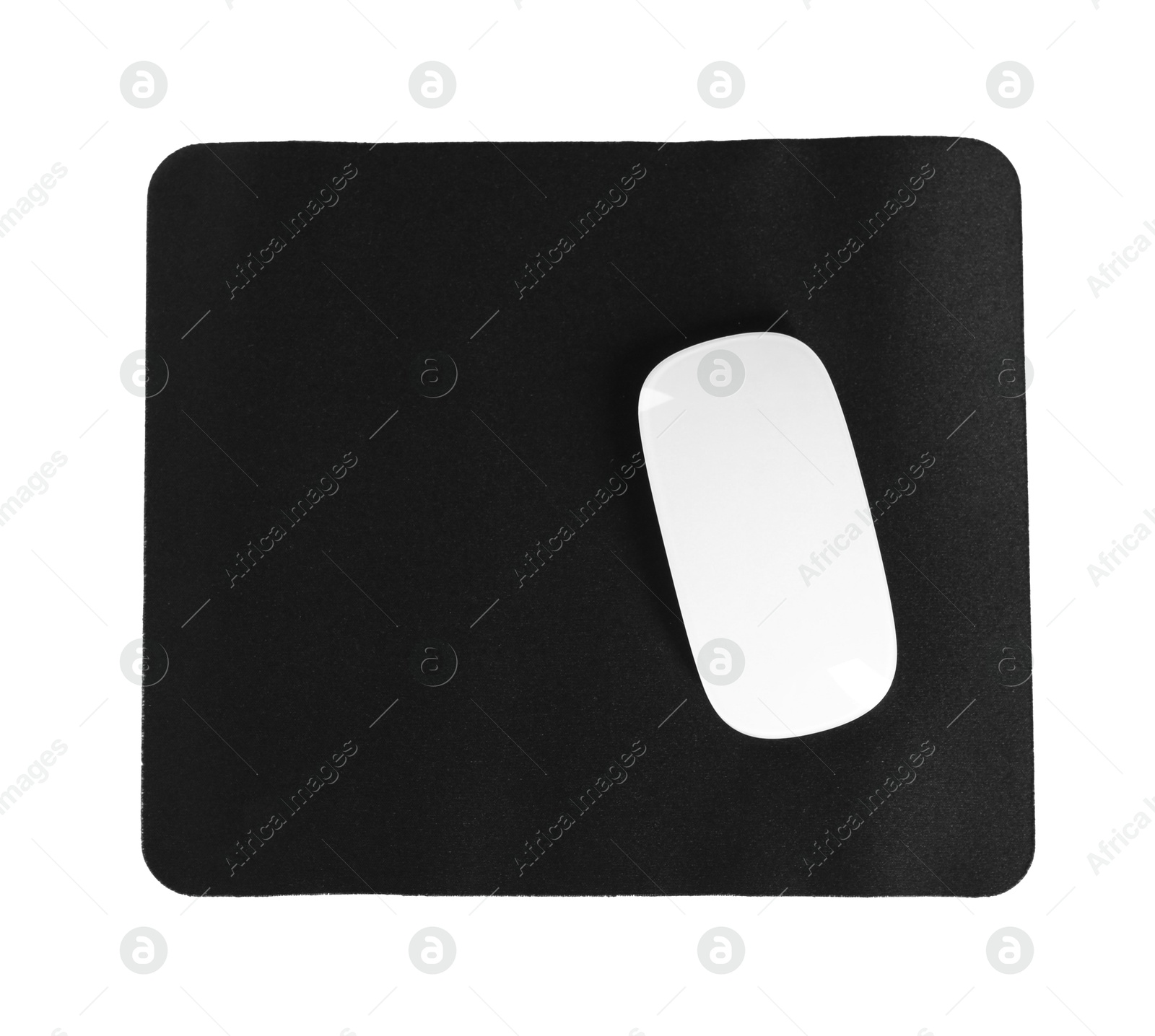 Photo of Wireless mouse and mousepad isolated on white, top view
