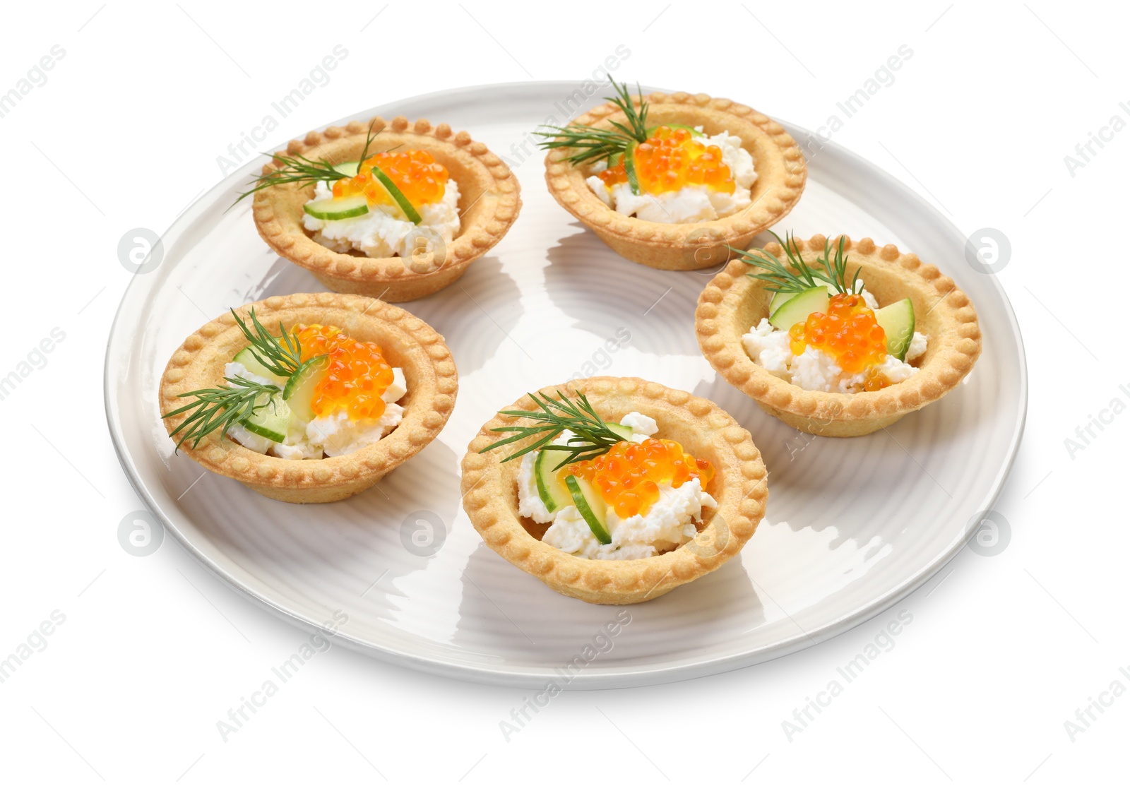 Photo of Delicious canapes with red caviar isolated on white