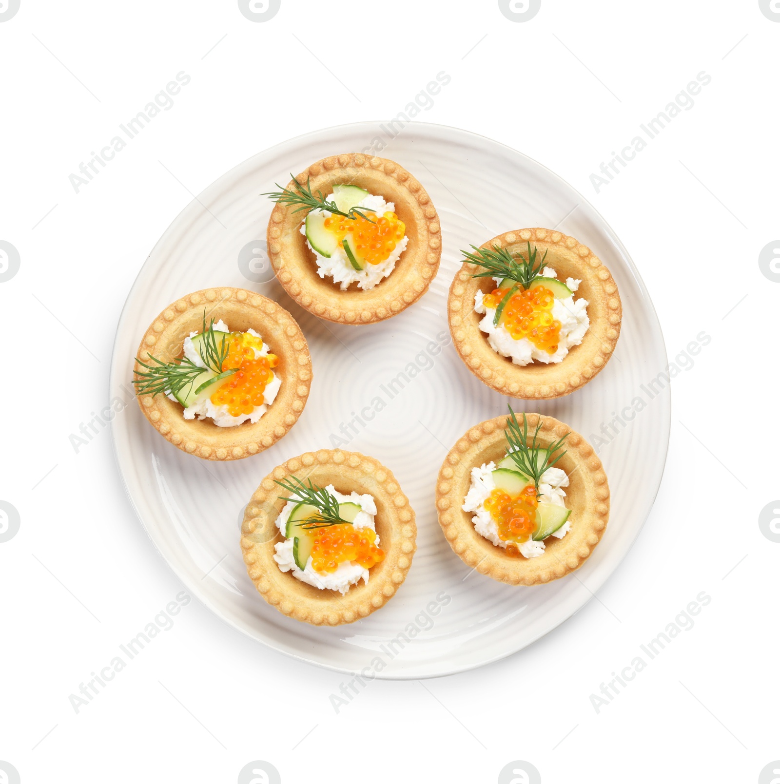 Photo of Delicious canapes with red caviar isolated on white, top view