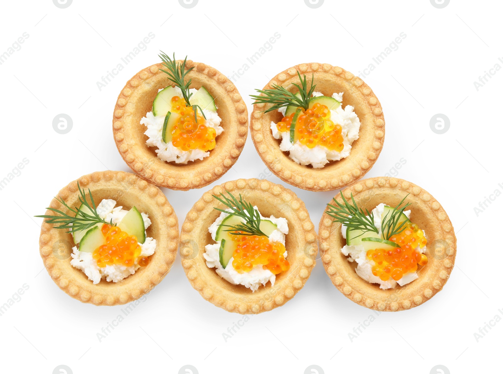 Photo of Delicious canapes with red caviar isolated on white, top view