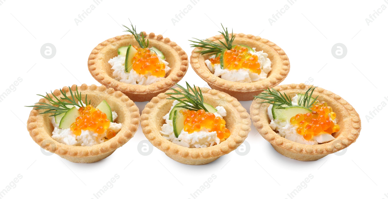 Photo of Delicious canapes with red caviar isolated on white