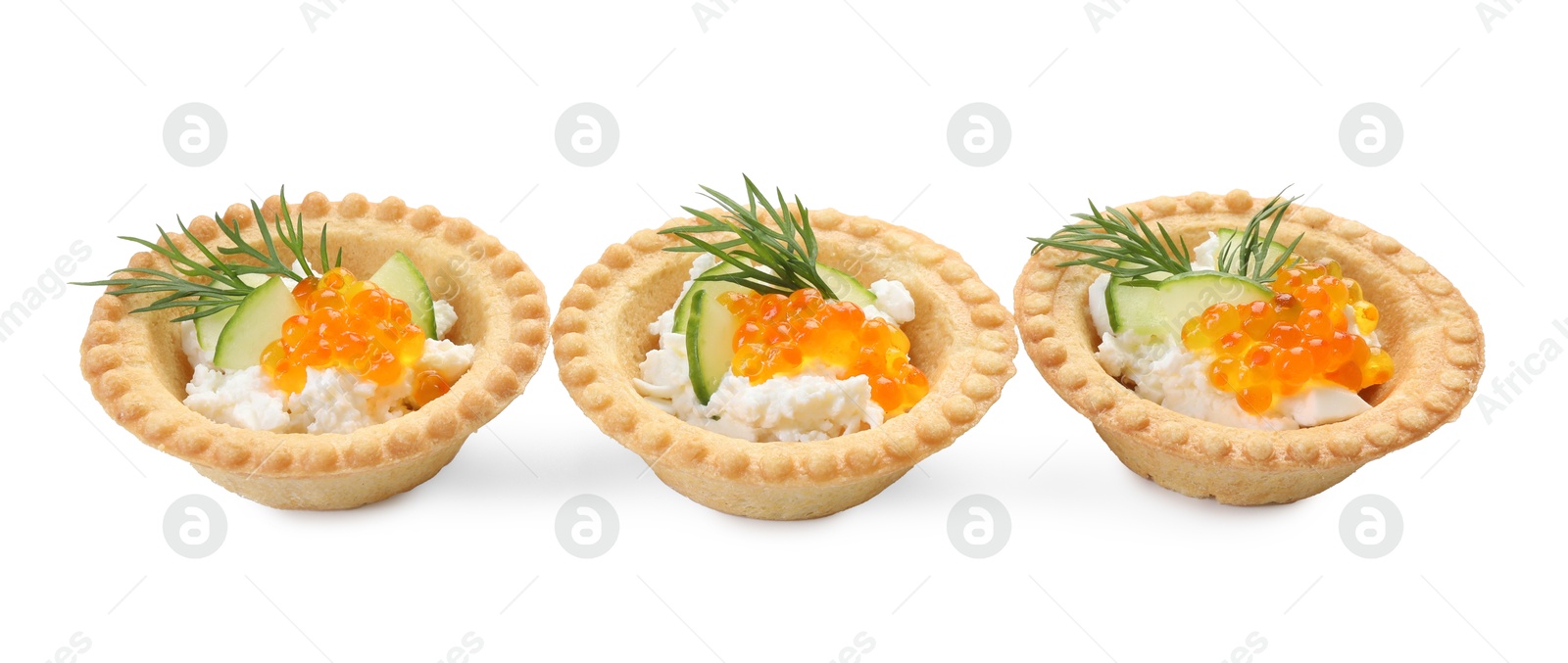 Photo of Delicious canapes with red caviar isolated on white