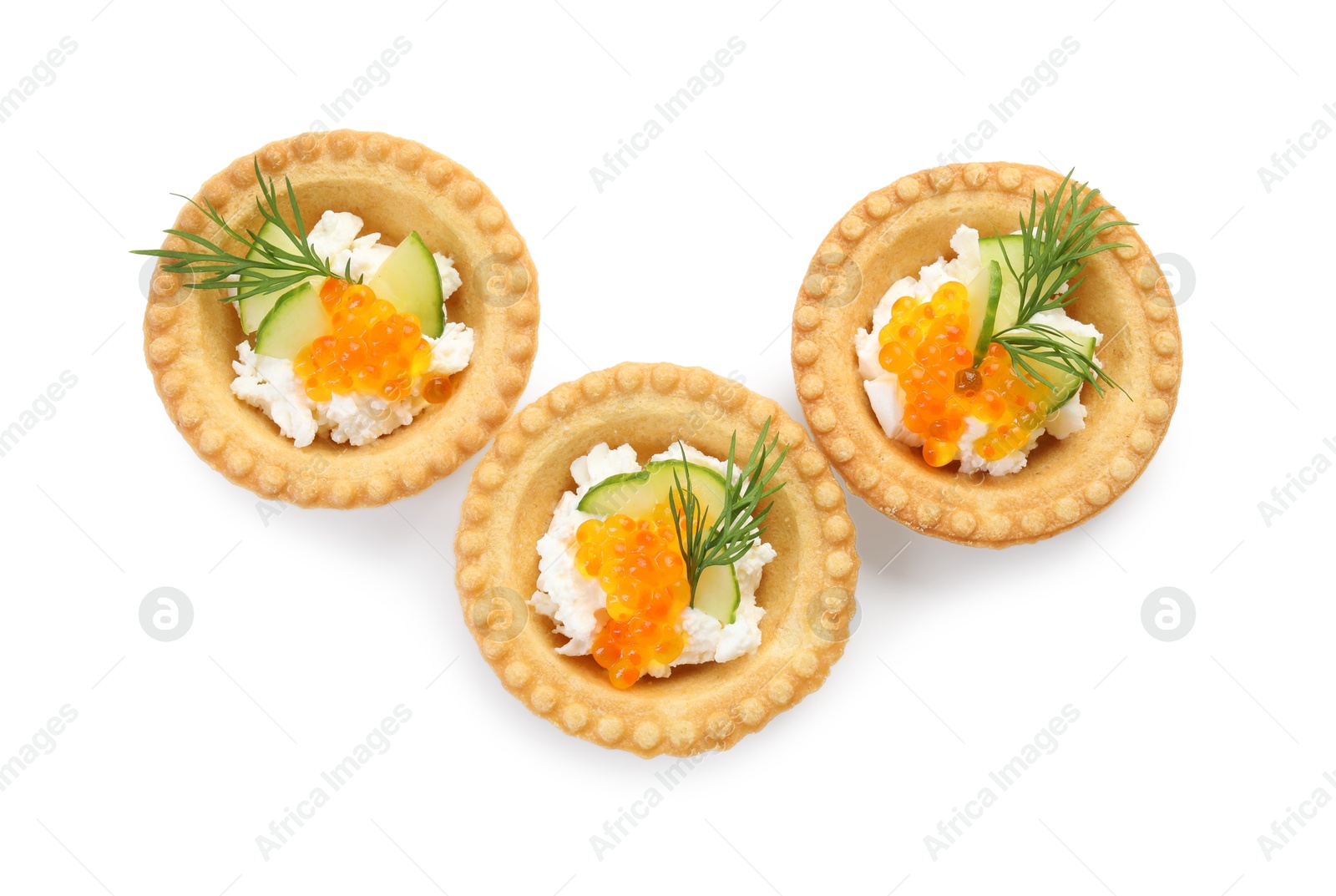 Photo of Delicious canapes with red caviar isolated on white, top view