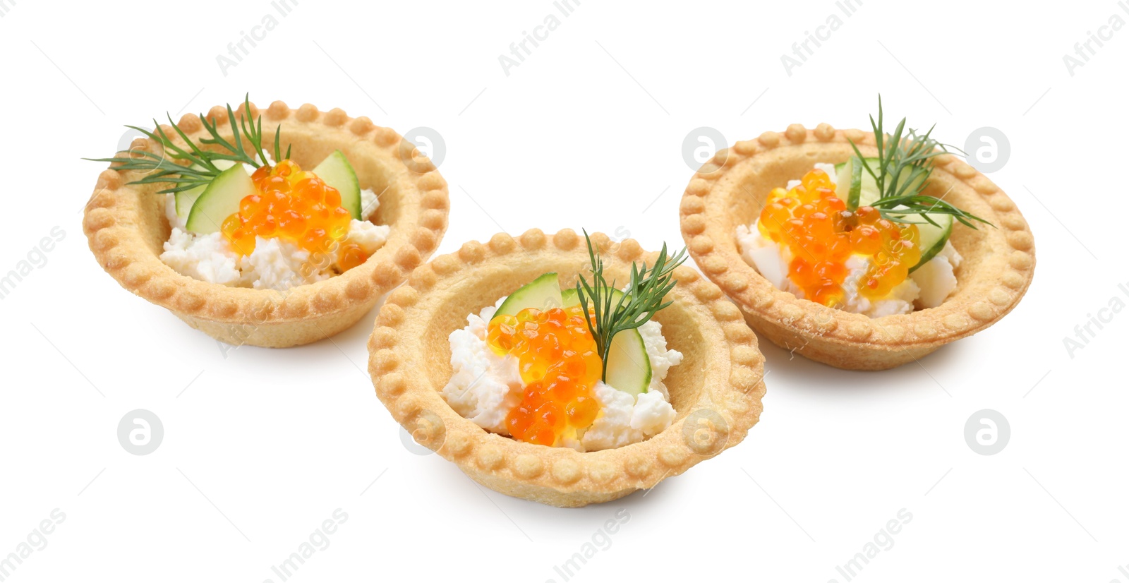 Photo of Delicious canapes with red caviar isolated on white