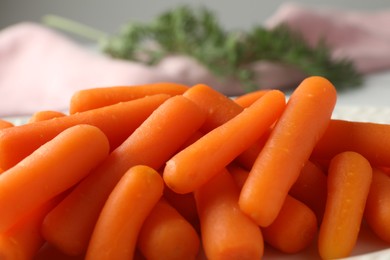 Pile of baby carrots on table, closeup