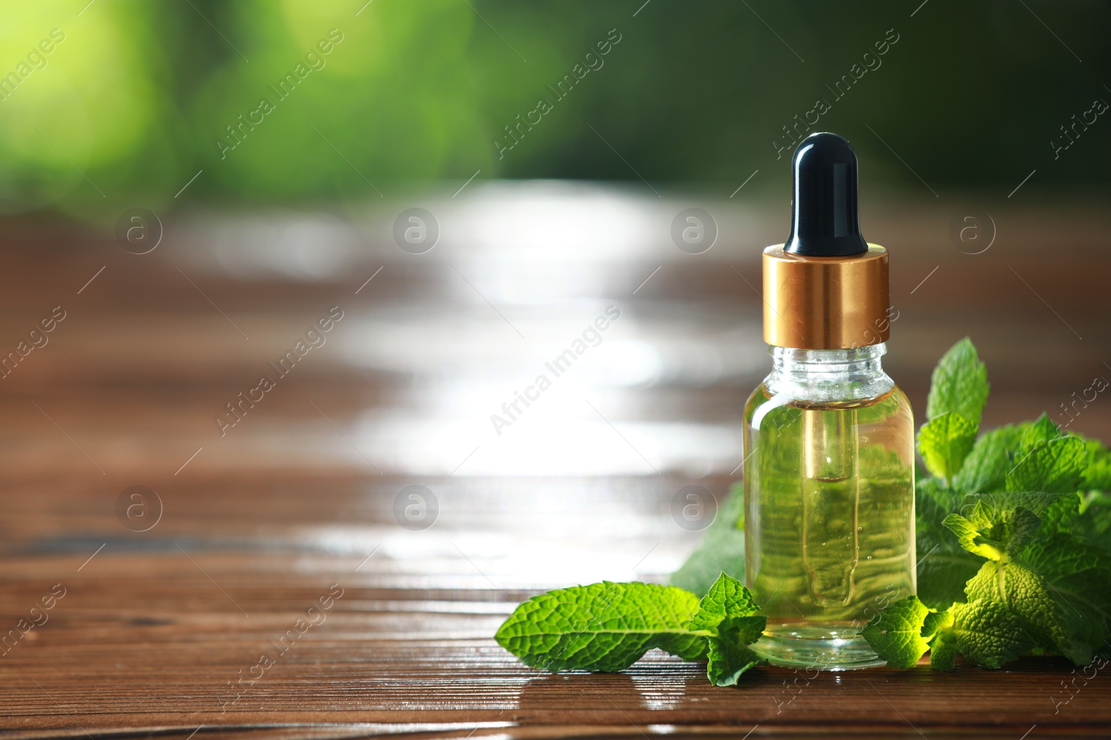 Photo of Bottle of mint essential oil and fresh leaves on wooden table, space for text