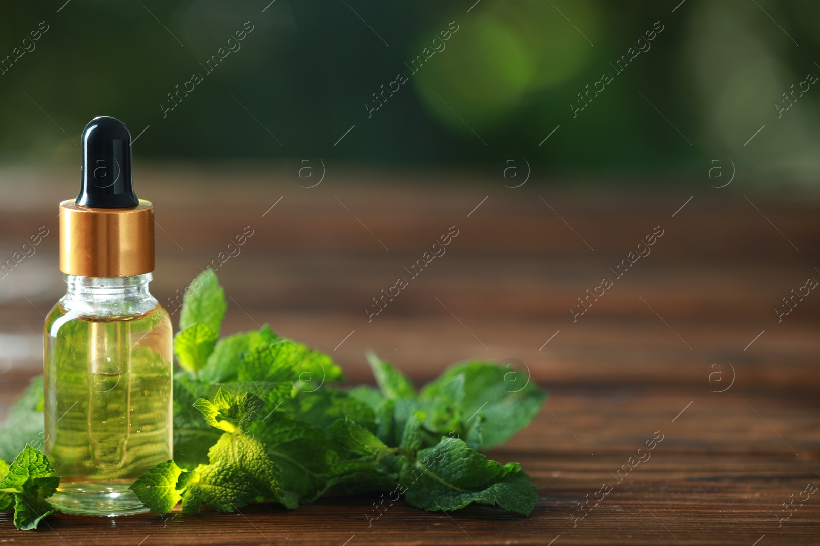 Photo of Bottle of mint essential oil and fresh leaves on wooden table, space for text