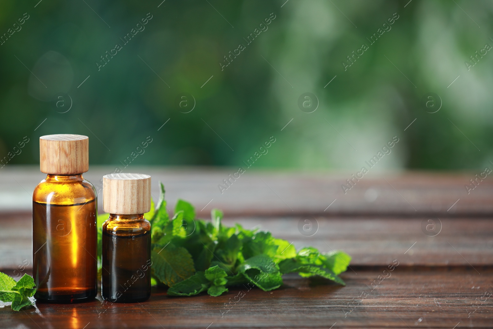 Photo of Bottles of mint essential oil and fresh leaves on wooden table, space for text