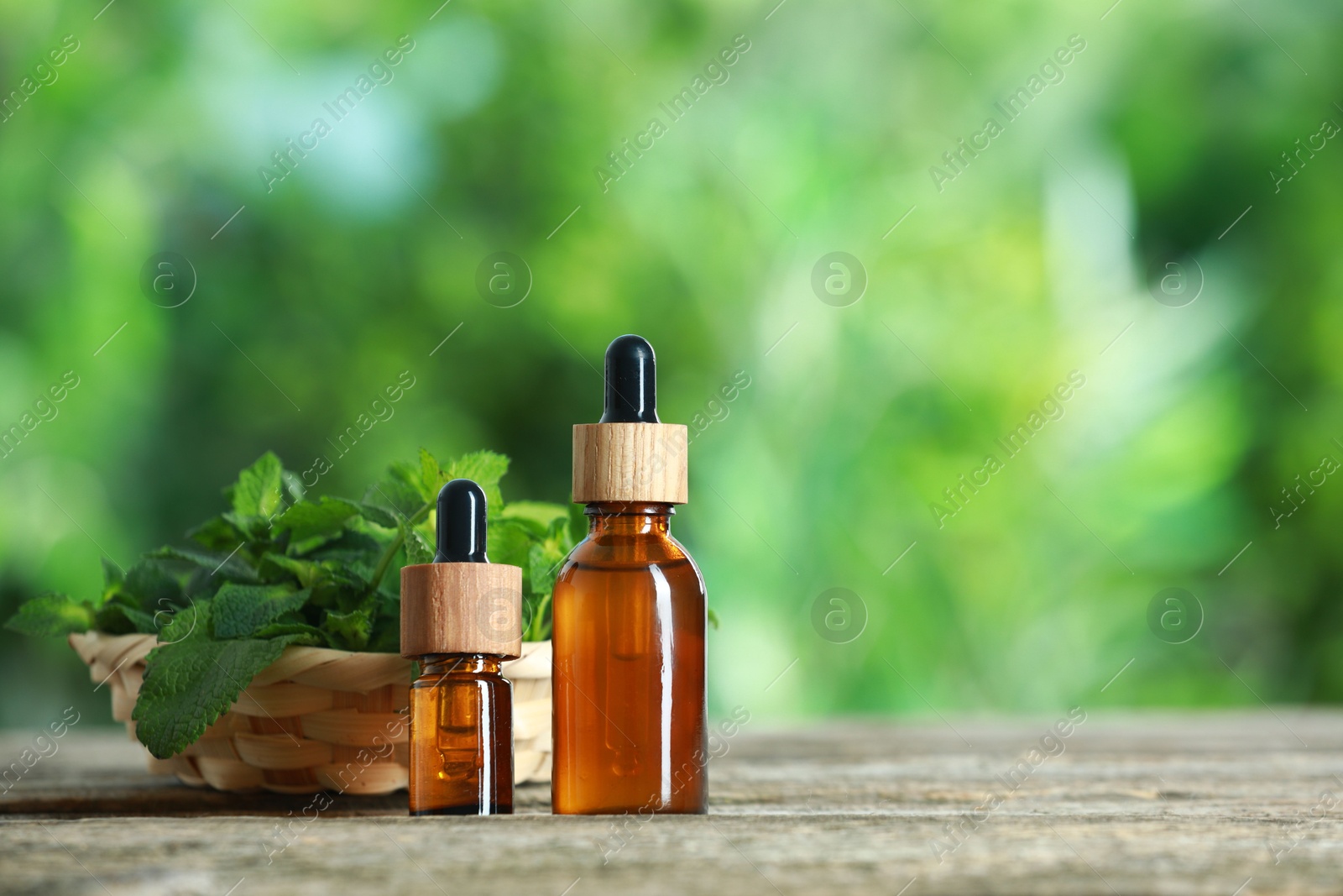 Photo of Bottles of mint essential oil and fresh leaves on wooden table, space for text