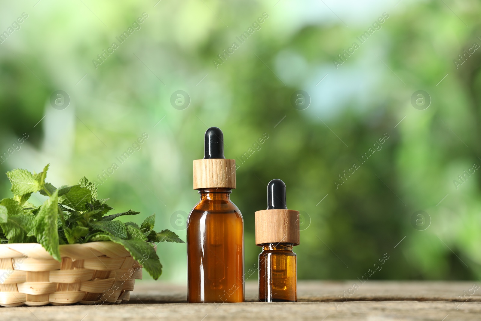 Photo of Bottles of mint essential oil and fresh leaves on wooden table, space for text