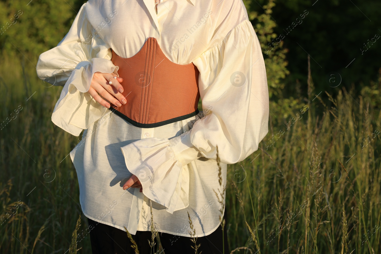 Photo of Woman in stylish corset posing outdoors, closeup