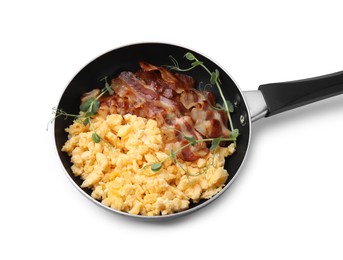 Photo of Delicious scrambled eggs with bacon in frying pan isolated on white