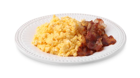 Photo of Delicious scrambled eggs with bacon on plate isolated on white