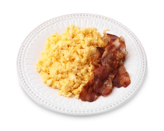 Delicious scrambled eggs with bacon on plate isolated on white