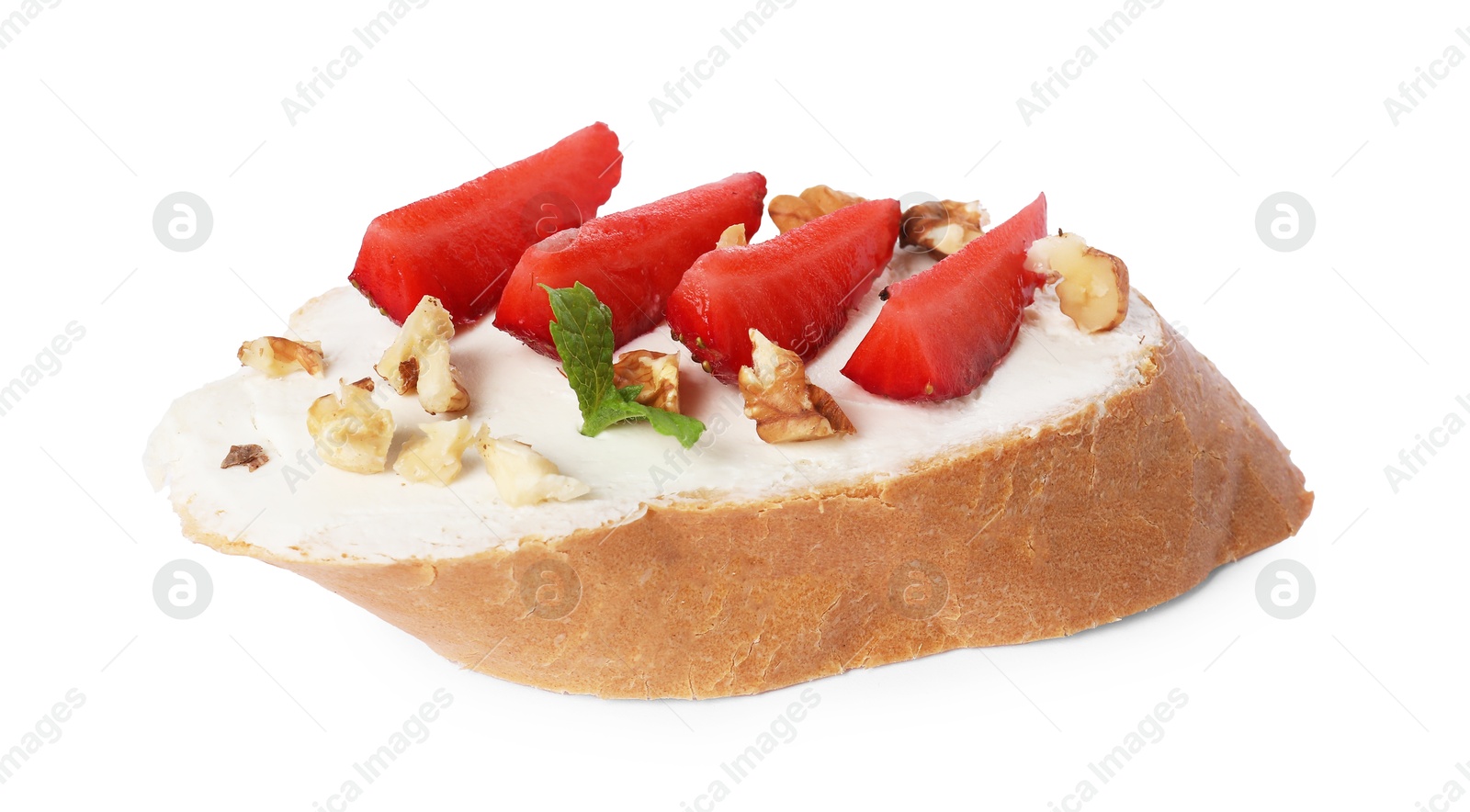 Photo of Delicious bruschetta with ricotta cheese, mint, walnuts and strawberries isolated on white