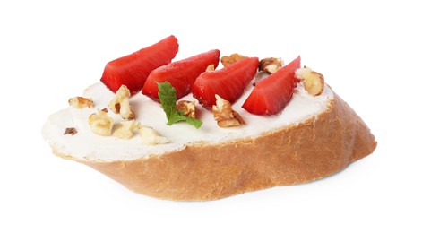 Photo of Delicious bruschetta with ricotta cheese, mint, walnuts and strawberries isolated on white