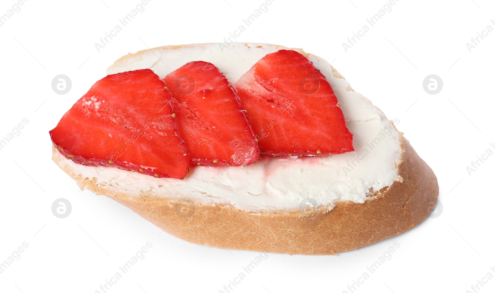 Photo of Delicious bruschetta with ricotta cheese and strawberries isolated on white
