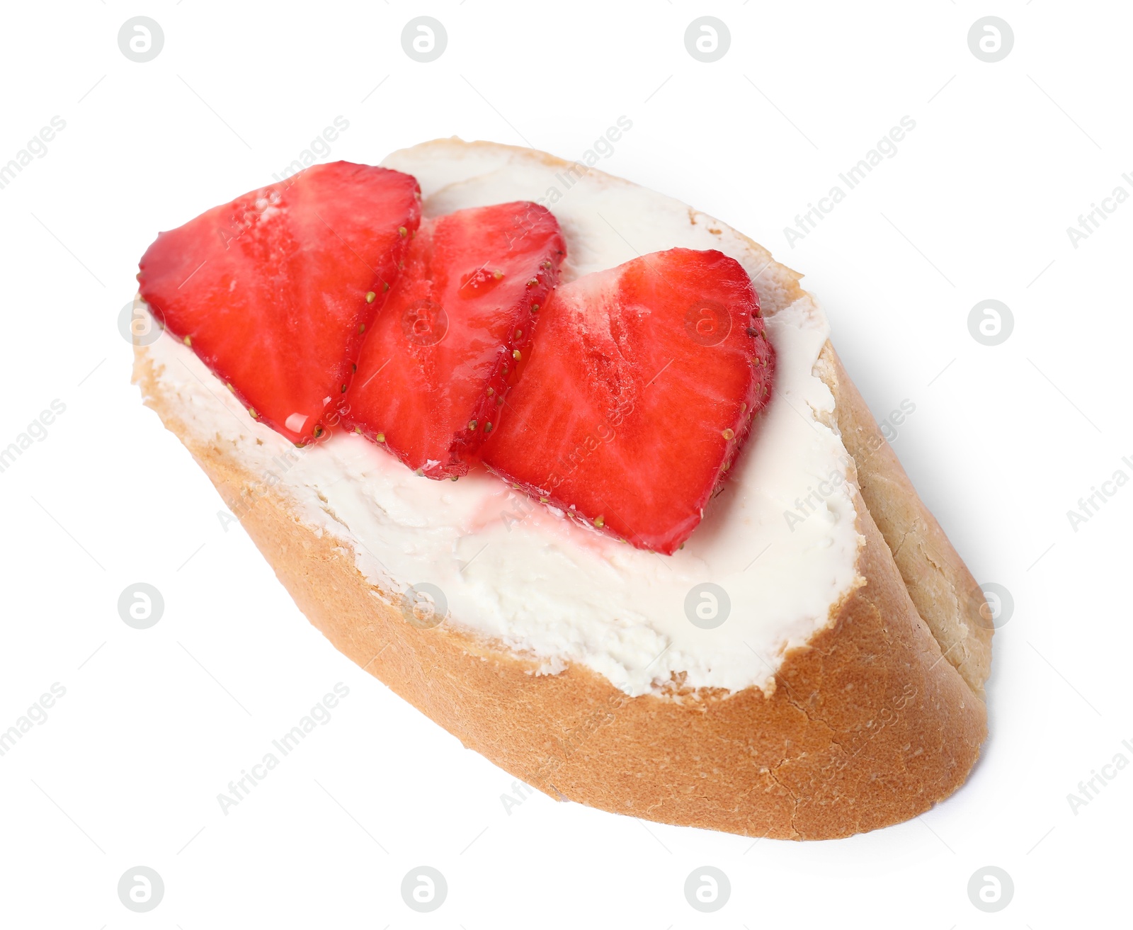 Photo of Delicious bruschetta with ricotta cheese and strawberries isolated on white