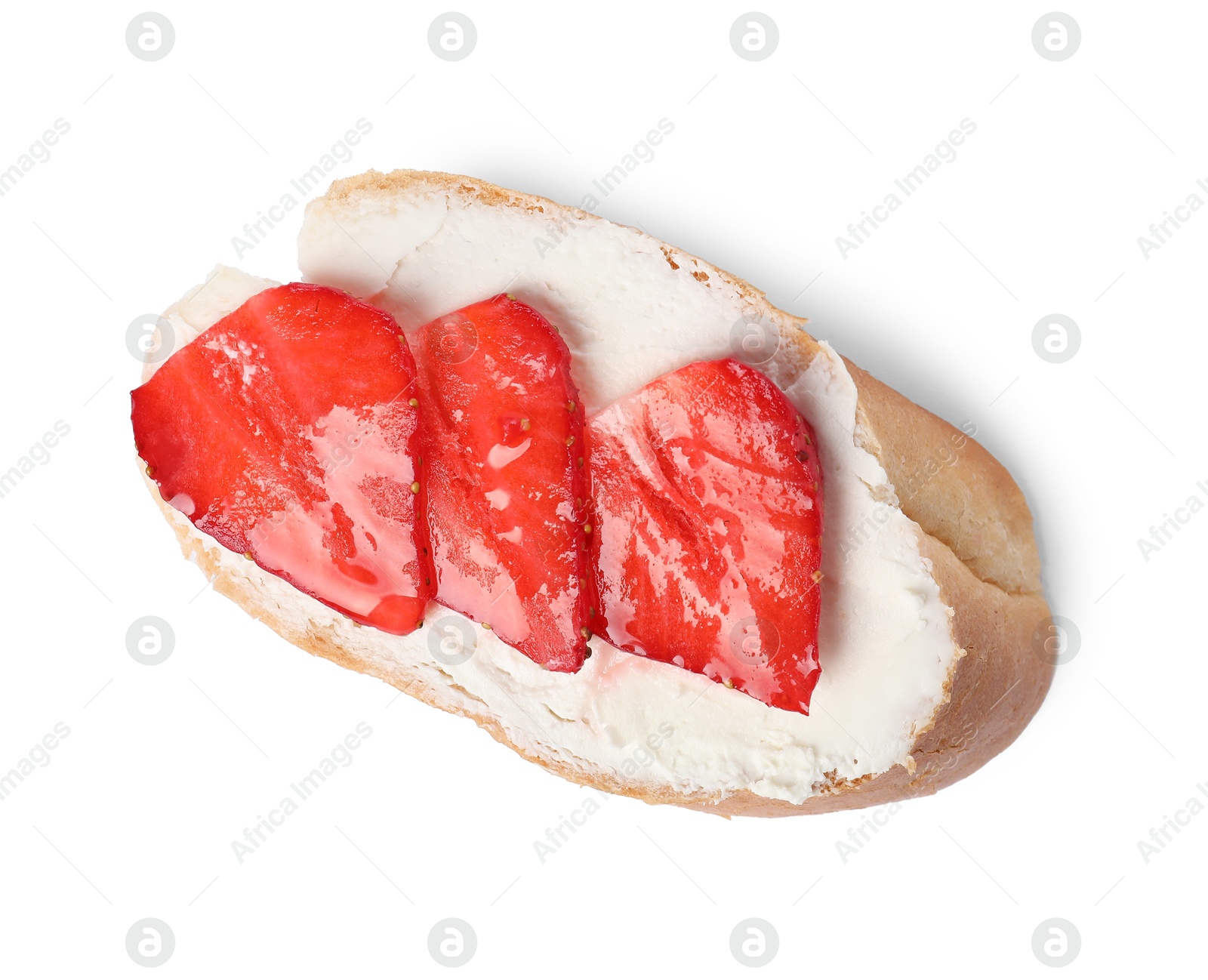 Photo of Delicious bruschetta with ricotta cheese and strawberries isolated on white, top view