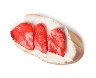 Delicious bruschetta with ricotta cheese and strawberries isolated on white, top view