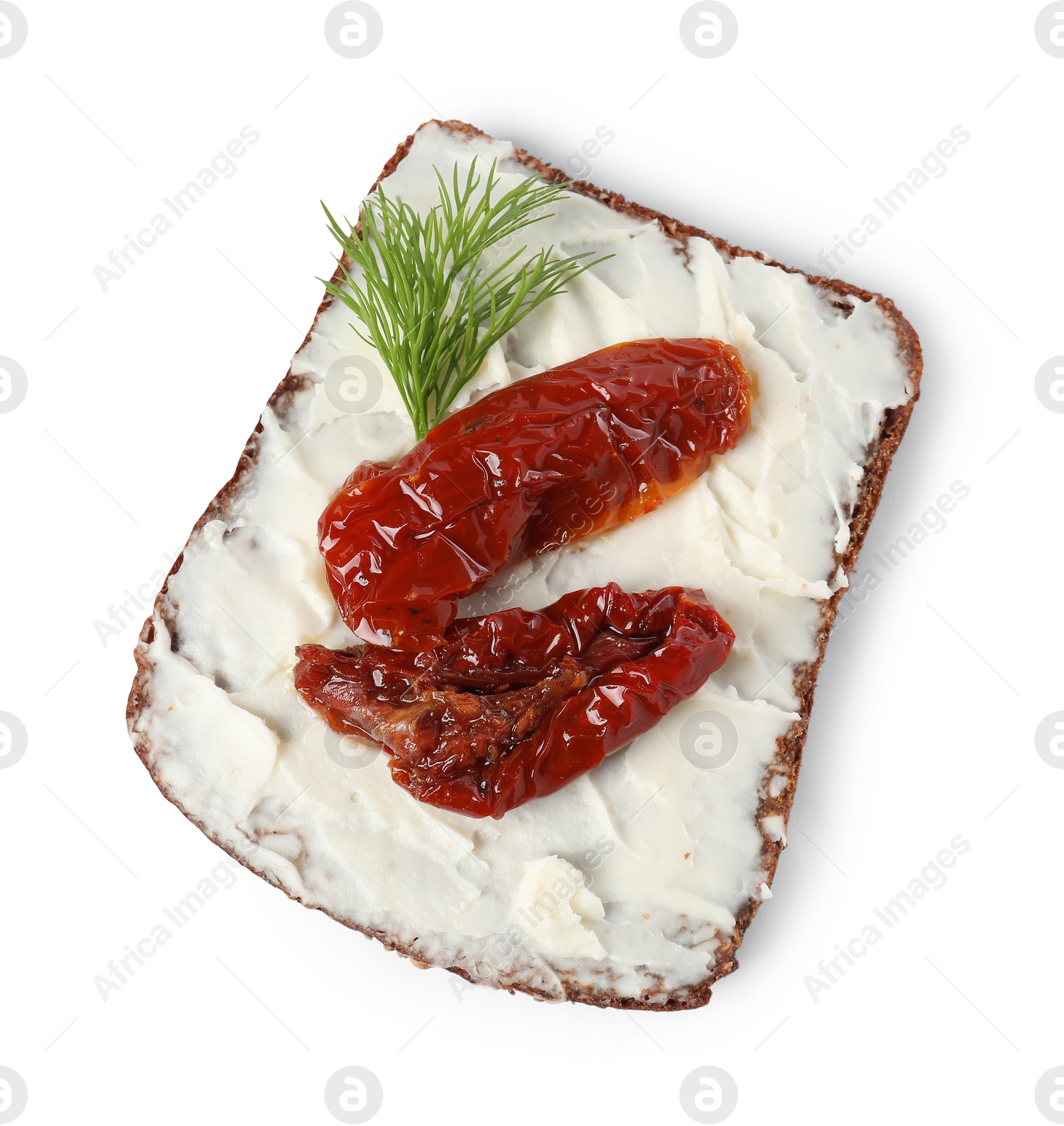 Photo of Delicious bruschetta with ricotta cheese, sun dried tomatoes and dill isolated on white, top view