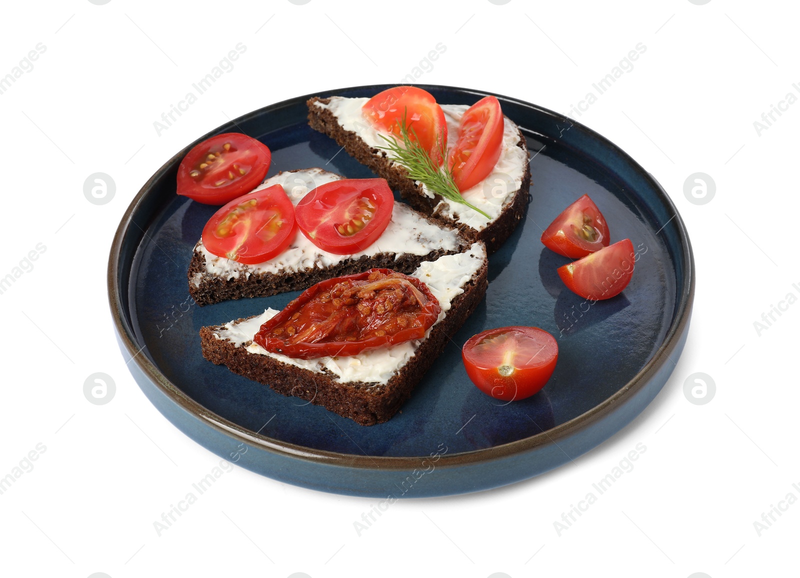 Photo of Delicious bruschettas with ricotta cheese, dill, fresh and sun dried tomatoes isolated on white