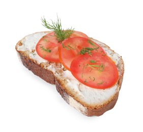 Photo of Delicious ricotta bruschetta with sliced tomatoes and dill isolated on white