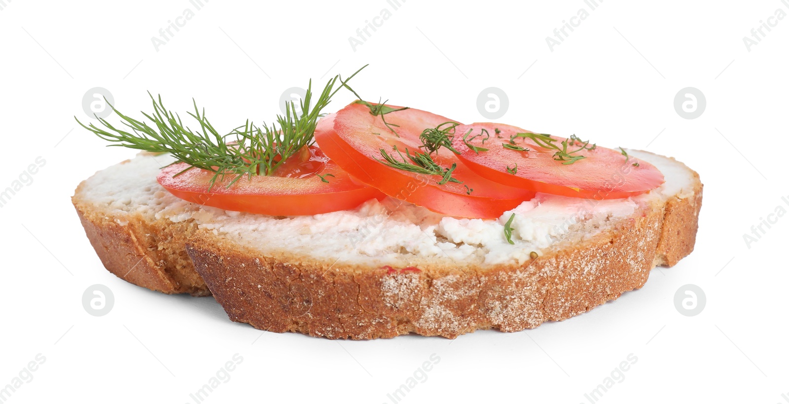 Photo of Delicious ricotta bruschetta with sliced tomatoes and dill isolated on white