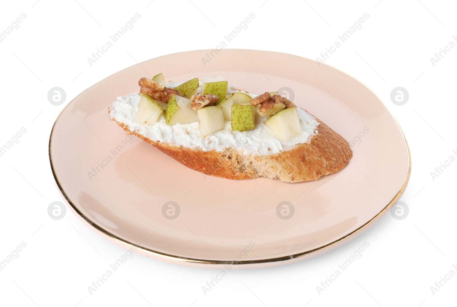 Photo of Delicious ricotta bruschetta with pear and walnut isolated on white