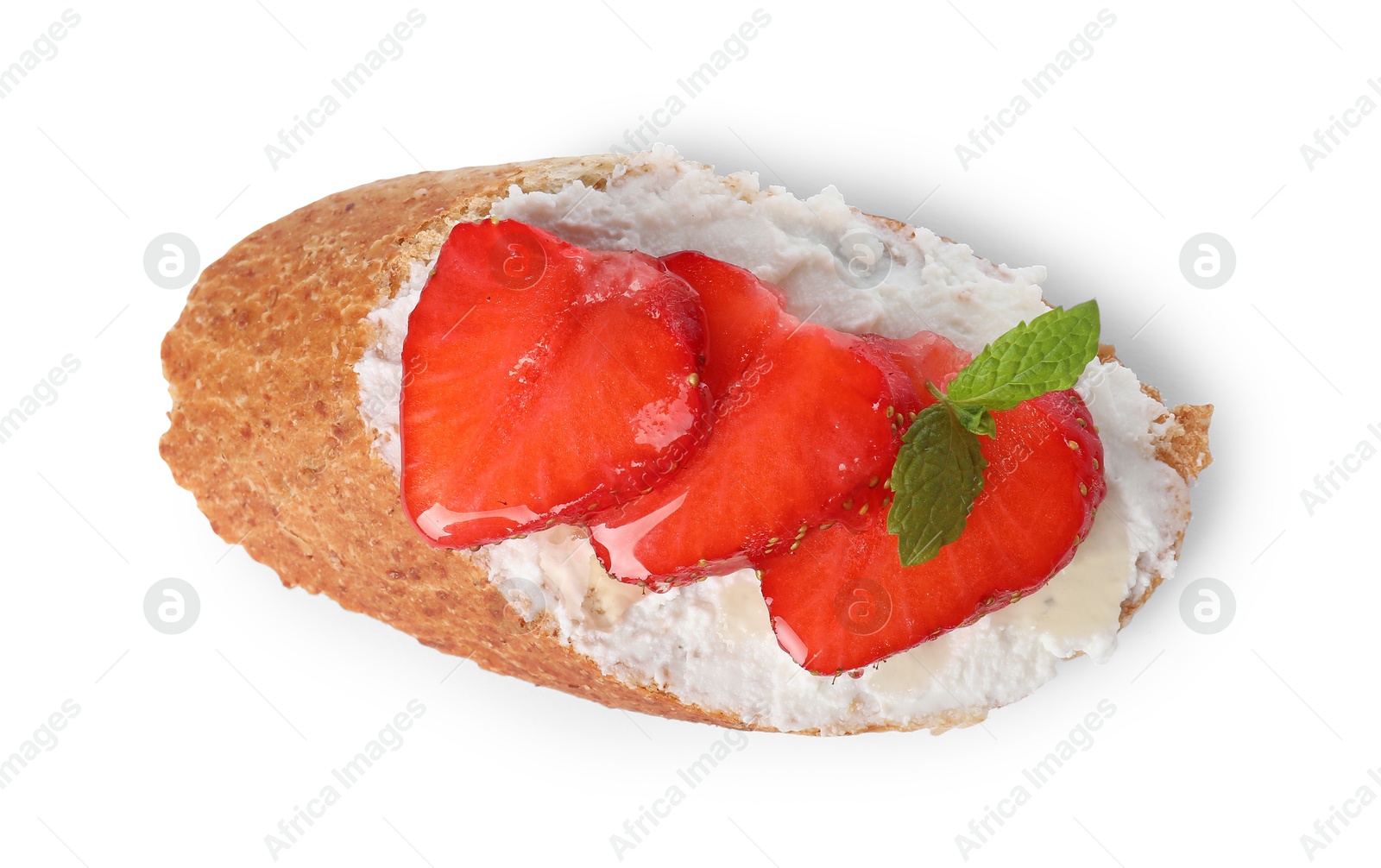 Photo of Delicious ricotta bruschetta with strawberry and mint isolated on white, top view