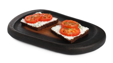 Delicious ricotta bruschettas with sliced tomatoes and dill isolated on white