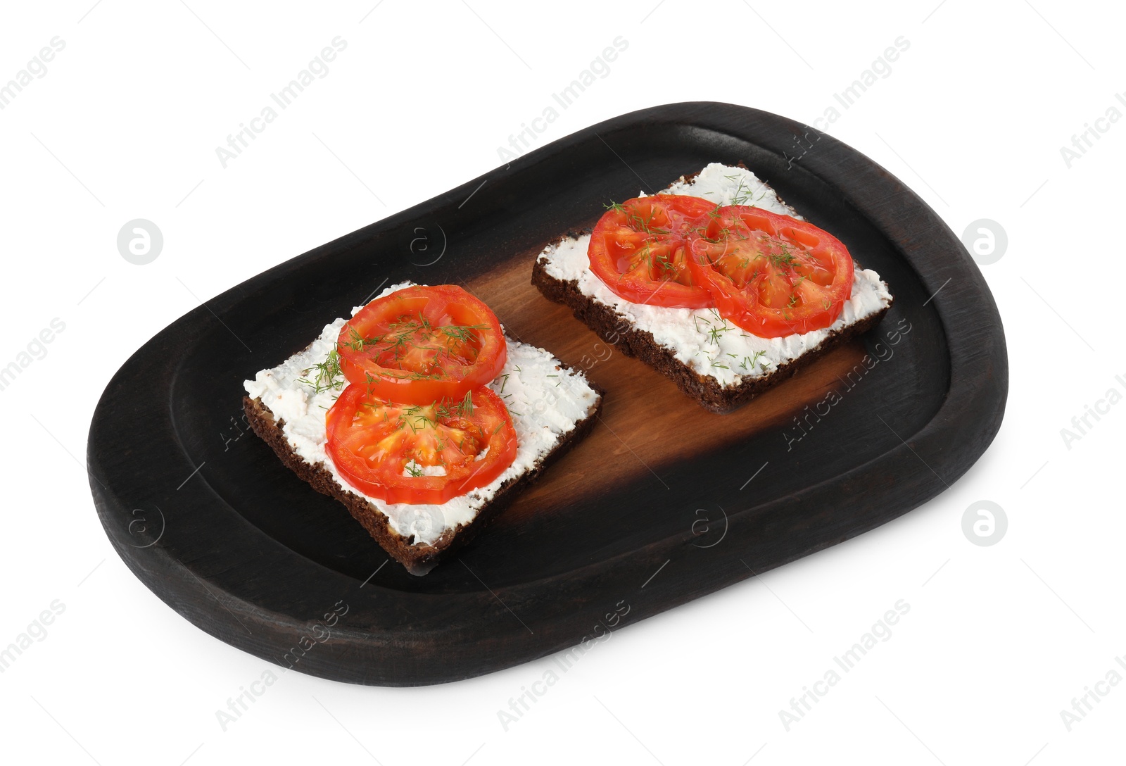 Photo of Delicious ricotta bruschettas with sliced tomatoes and dill isolated on white